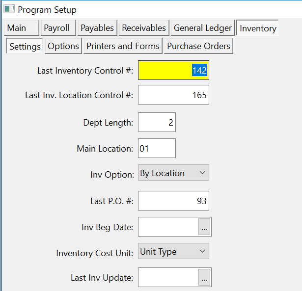 Winledge Inventory Module Programming Manual Program Setup: Materials Inventory